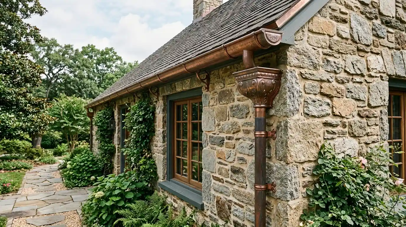 Half-round copper gutters and downspout on a stone house