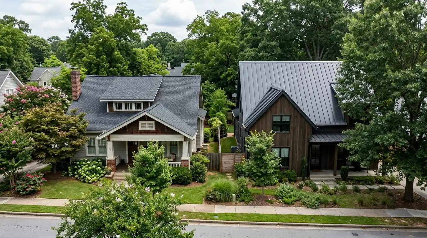Shingle roof and standing seam metal roof on neighboring homes