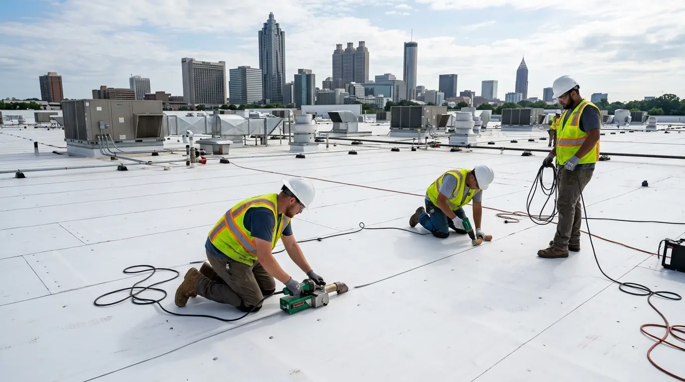 White TPO seams being heat-welded on a warehouse roof in Atlanta