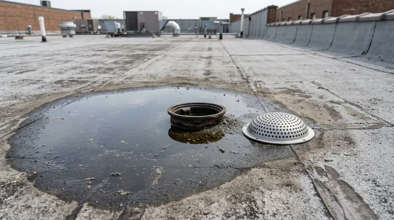 Ponding water around a drain on a flat commercial roof