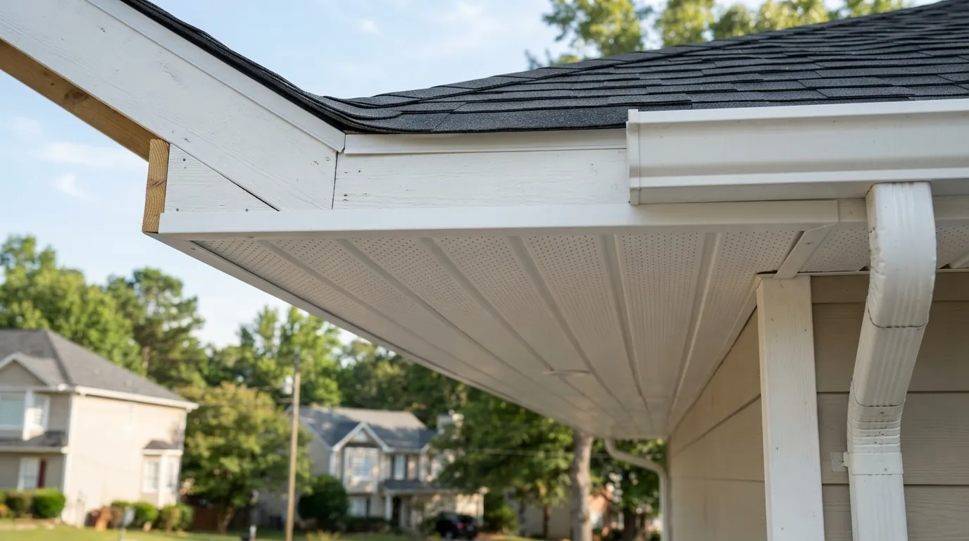 Vented soffit panels being installed under a roof eave