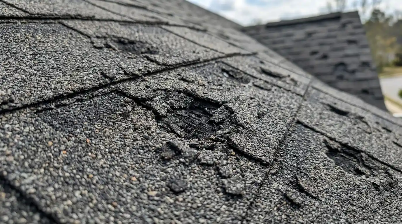 Hail-bruised asphalt shingles with granule loss on a Georgia roof