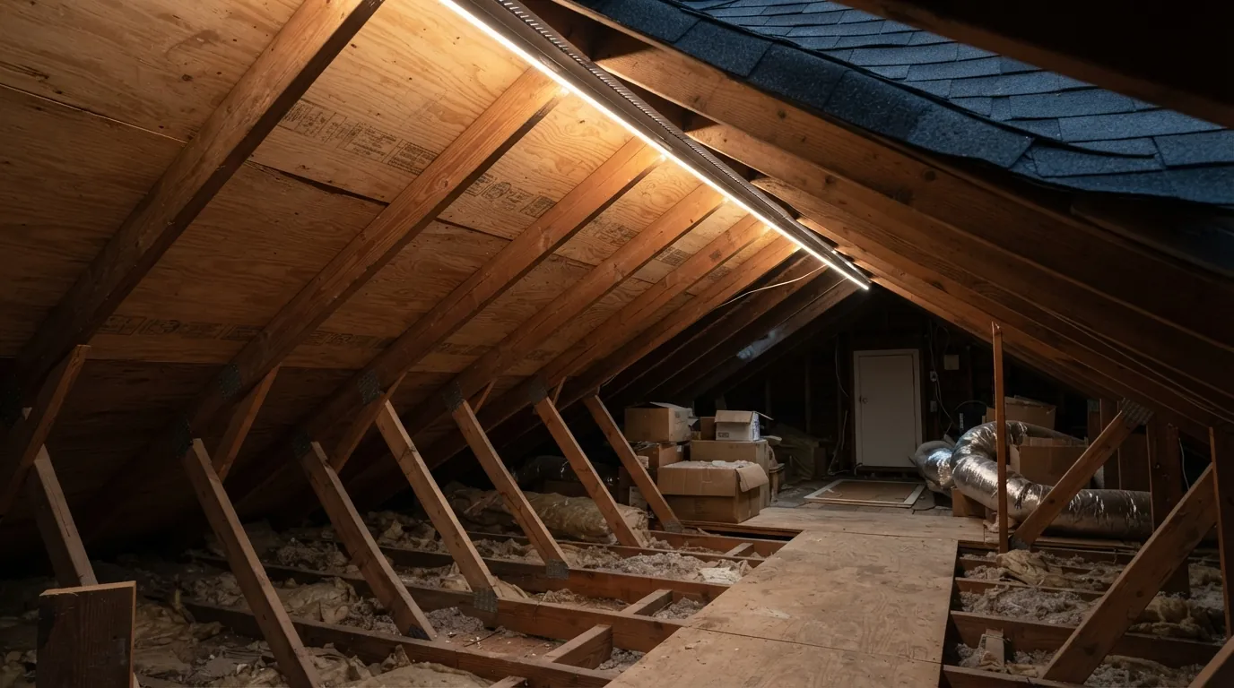 Attic view of roof decking and rafters with daylight along a ridge vent