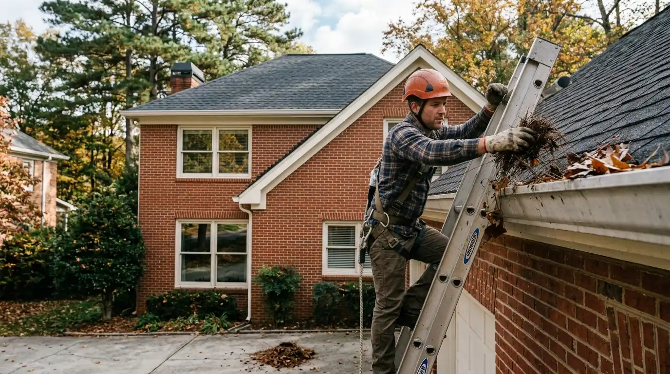 Roofer cleaning pine straw out of a gutter by hand