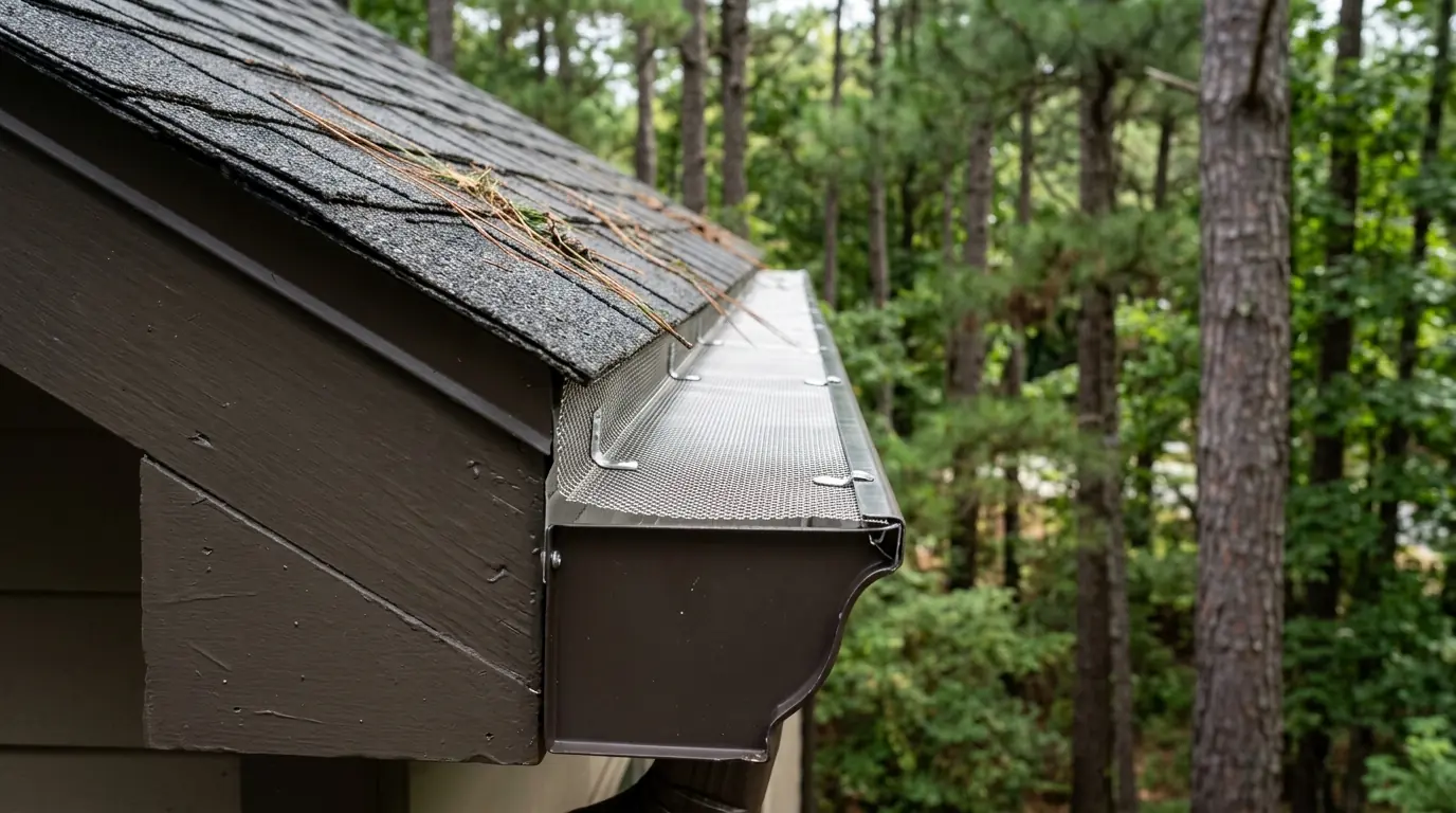 Stainless micro-mesh gutter guard under pine trees