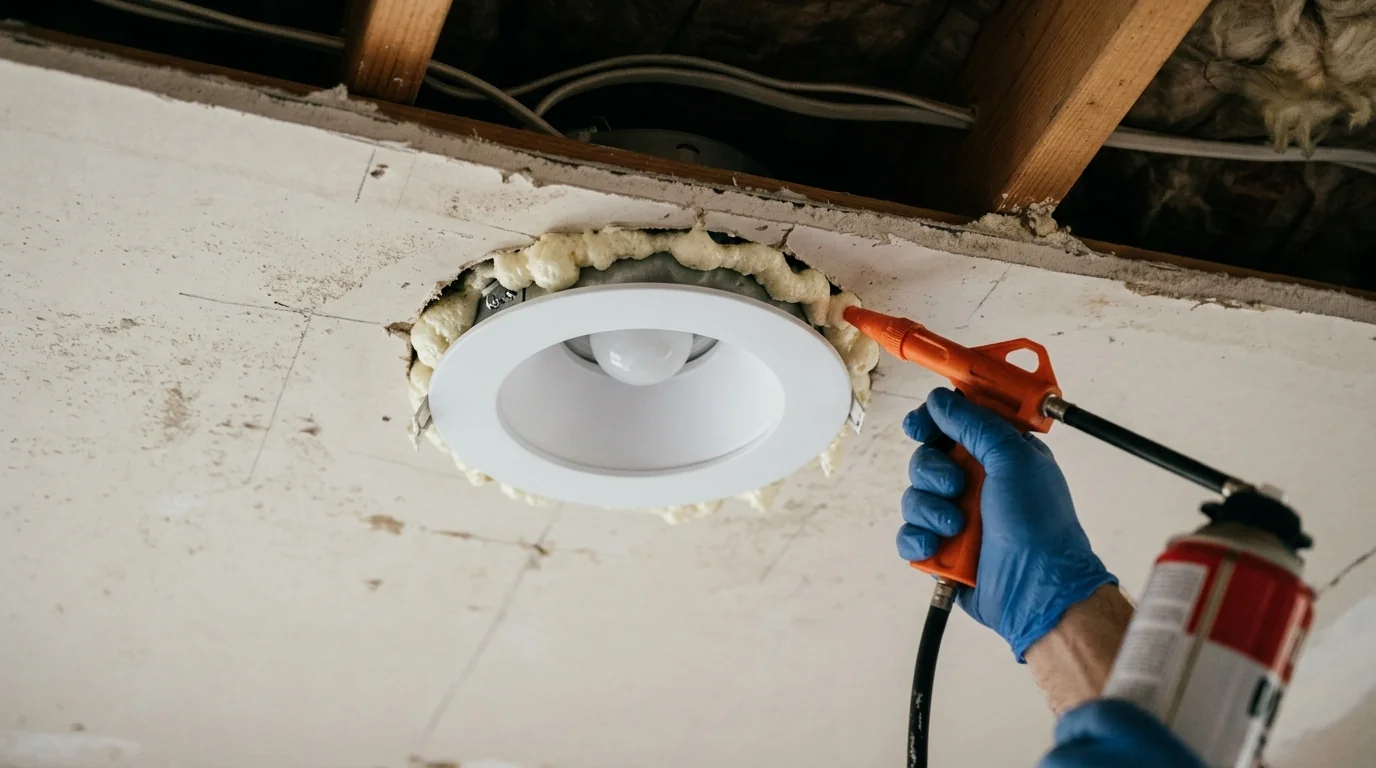 Foam sealing gaps around a recessed light housing in an attic