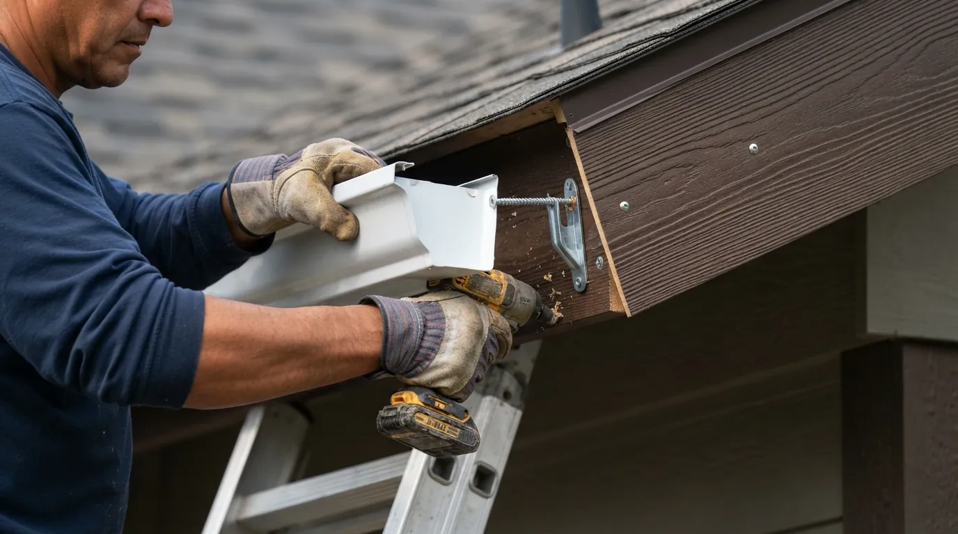 Sagging gutter being re-hung on hidden hangers into new fascia