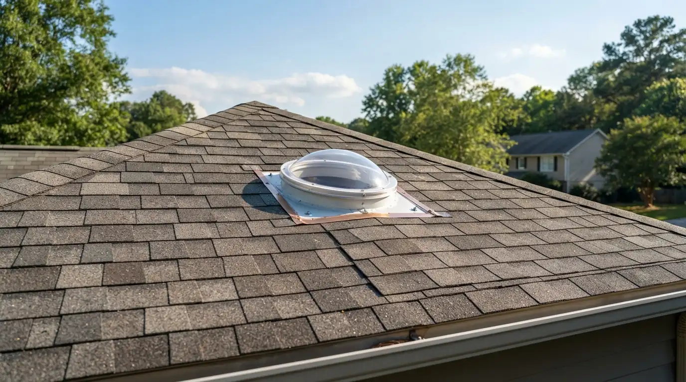 Round sun tunnel dome on a shingle roof above a hallway