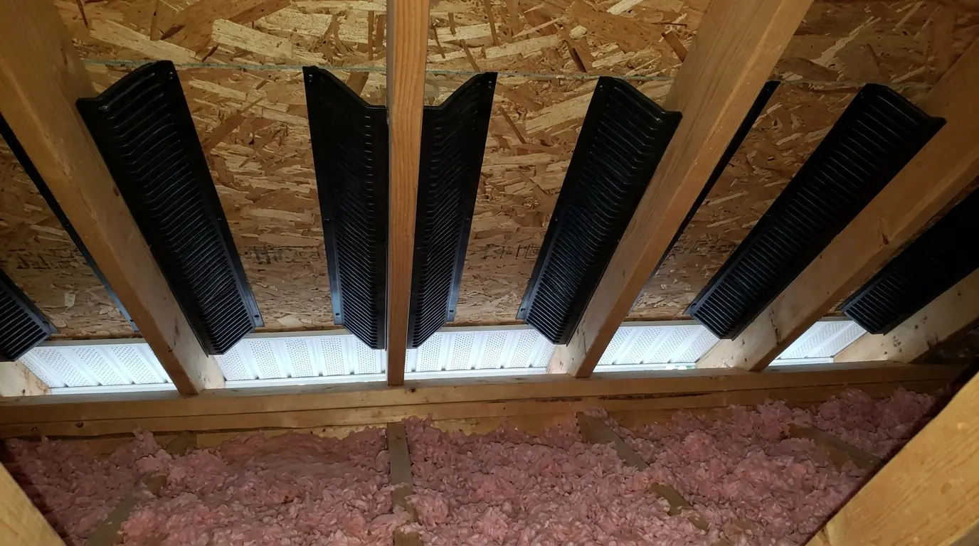 Vented soffit and rafter baffles seen from inside an attic