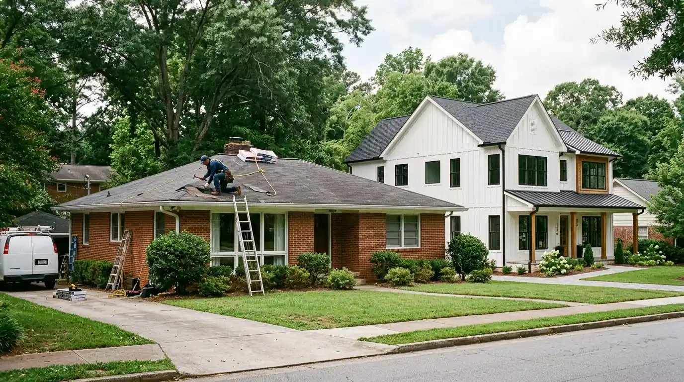 Roof repair on a brick ranch beside new infill in Brookhaven