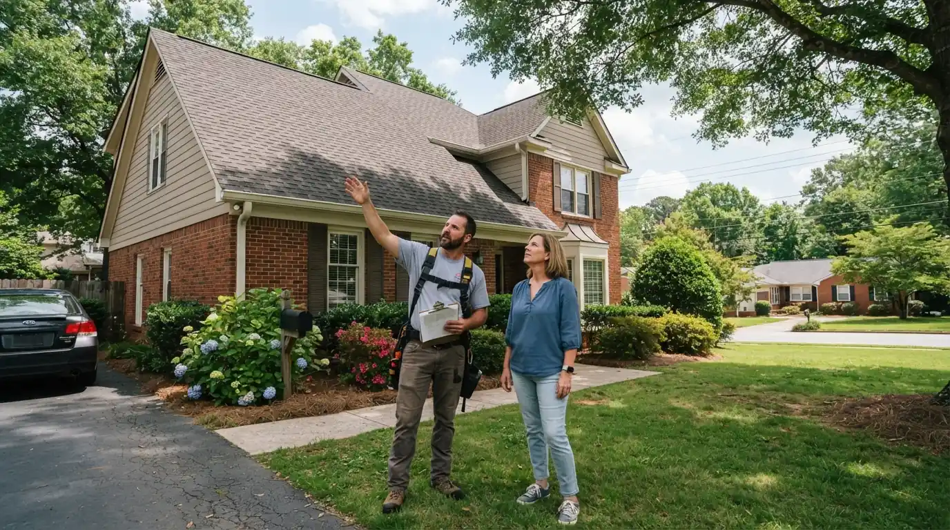 Roofer and homeowner talking through roof options in a front yard