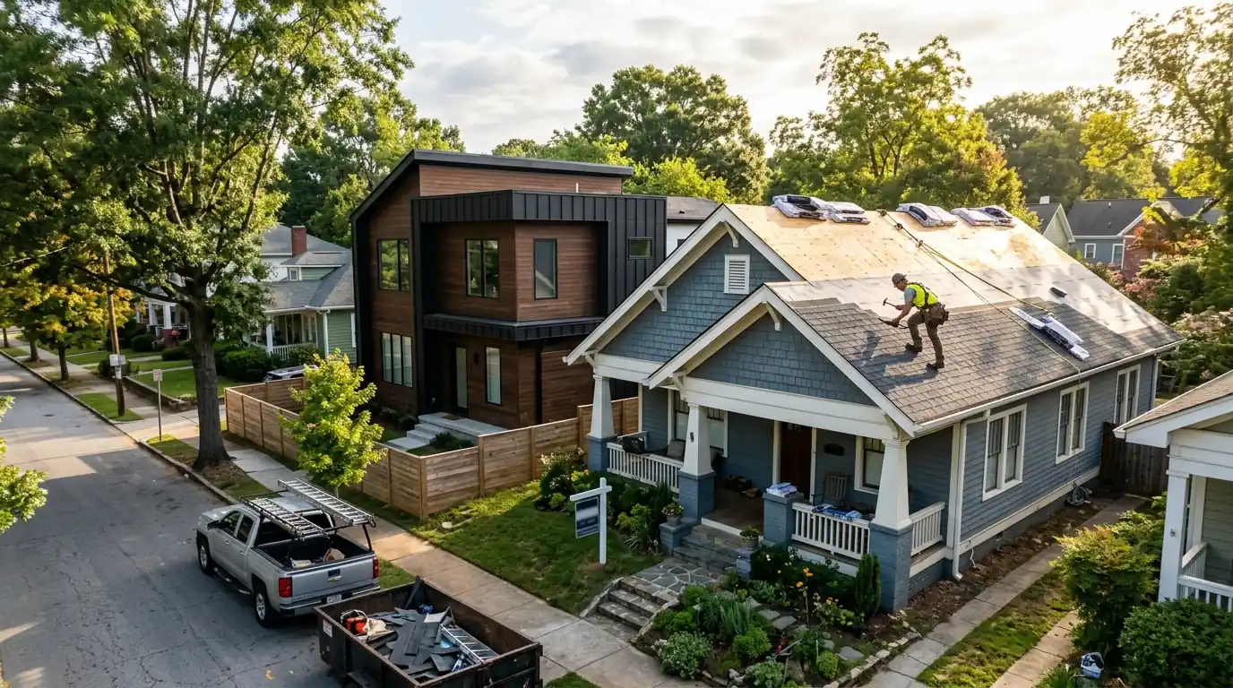 Roofer replacing shingles on an East Atlanta bungalow