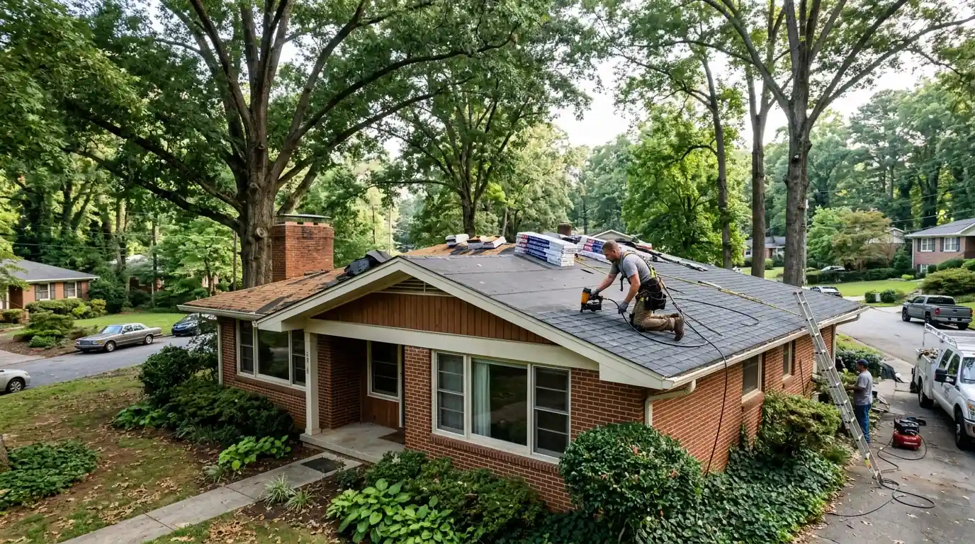 Roofer installing new shingles on a Collier Hills ranch