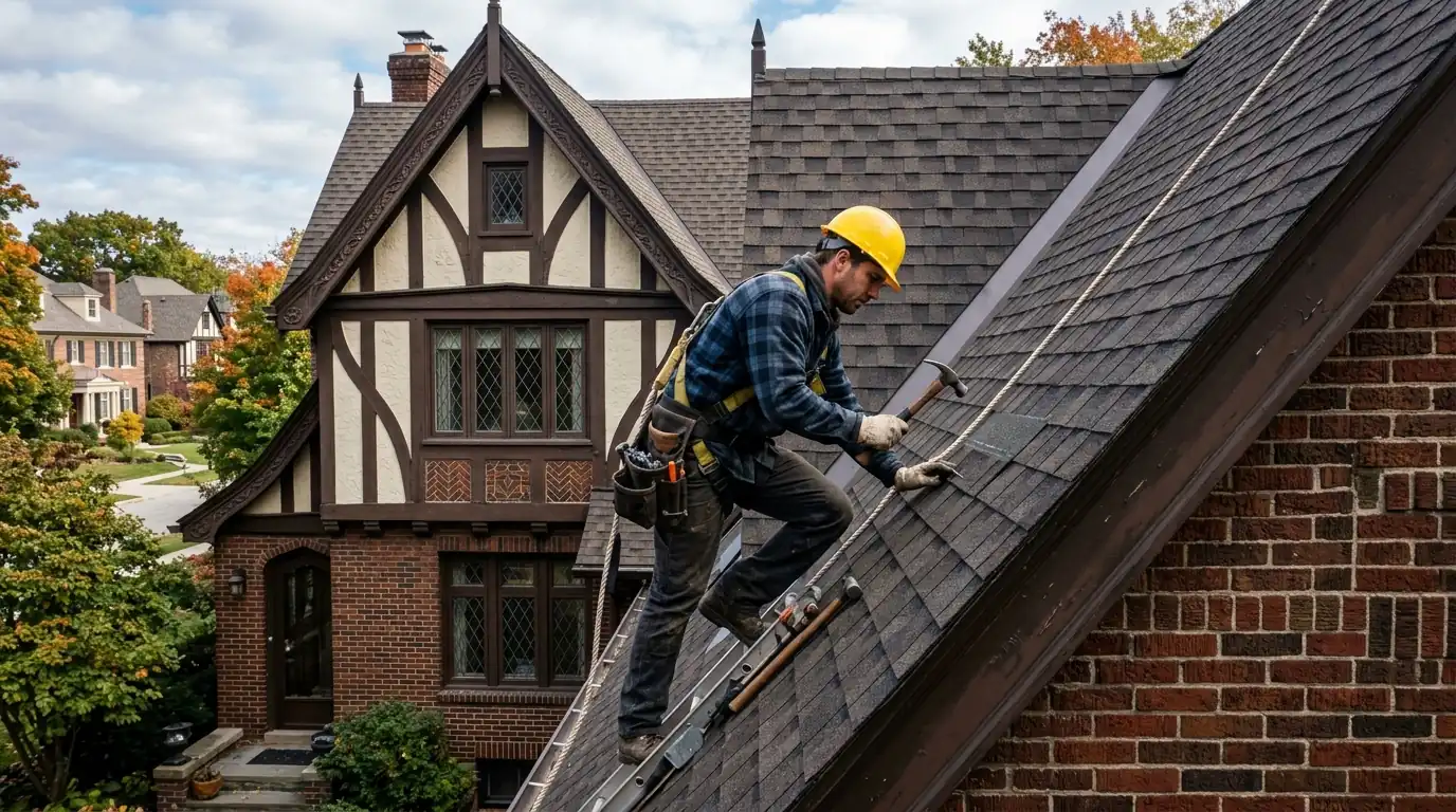Roofer working on a brick Tudor roof in Morningside