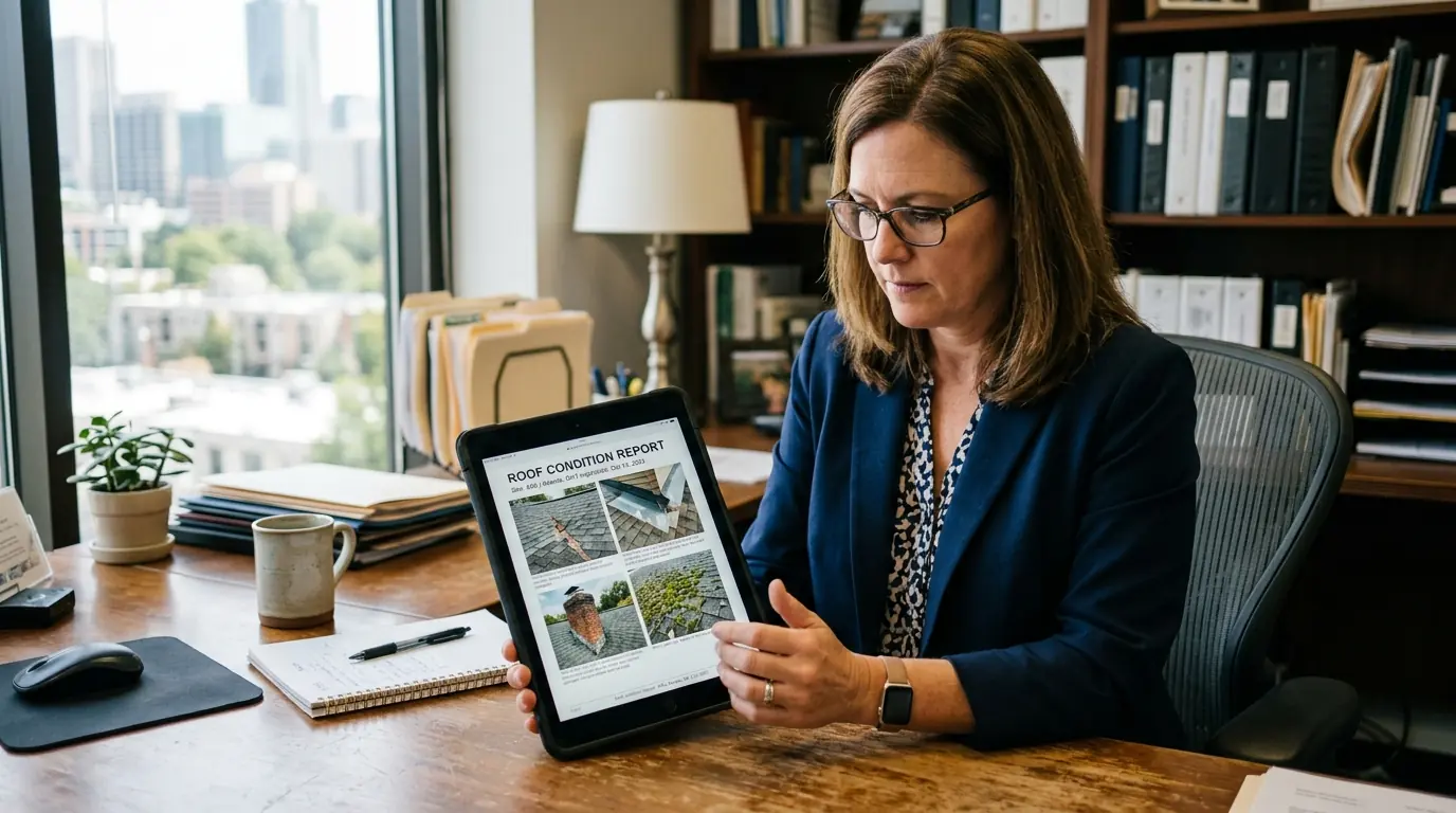 Property manager reviewing a roof condition report on a tablet