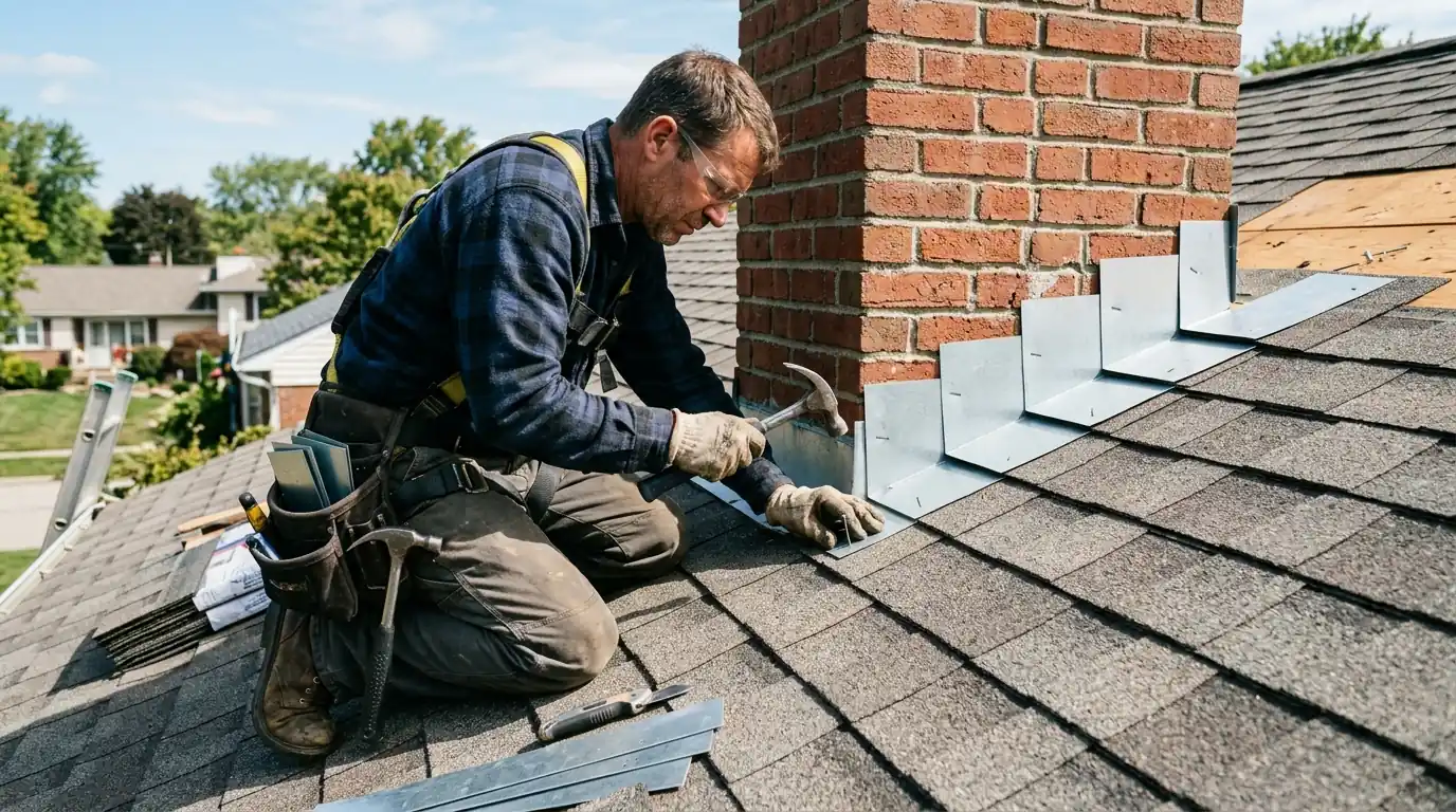 New step flashing being fitted along a brick chimney on an Atlanta roof