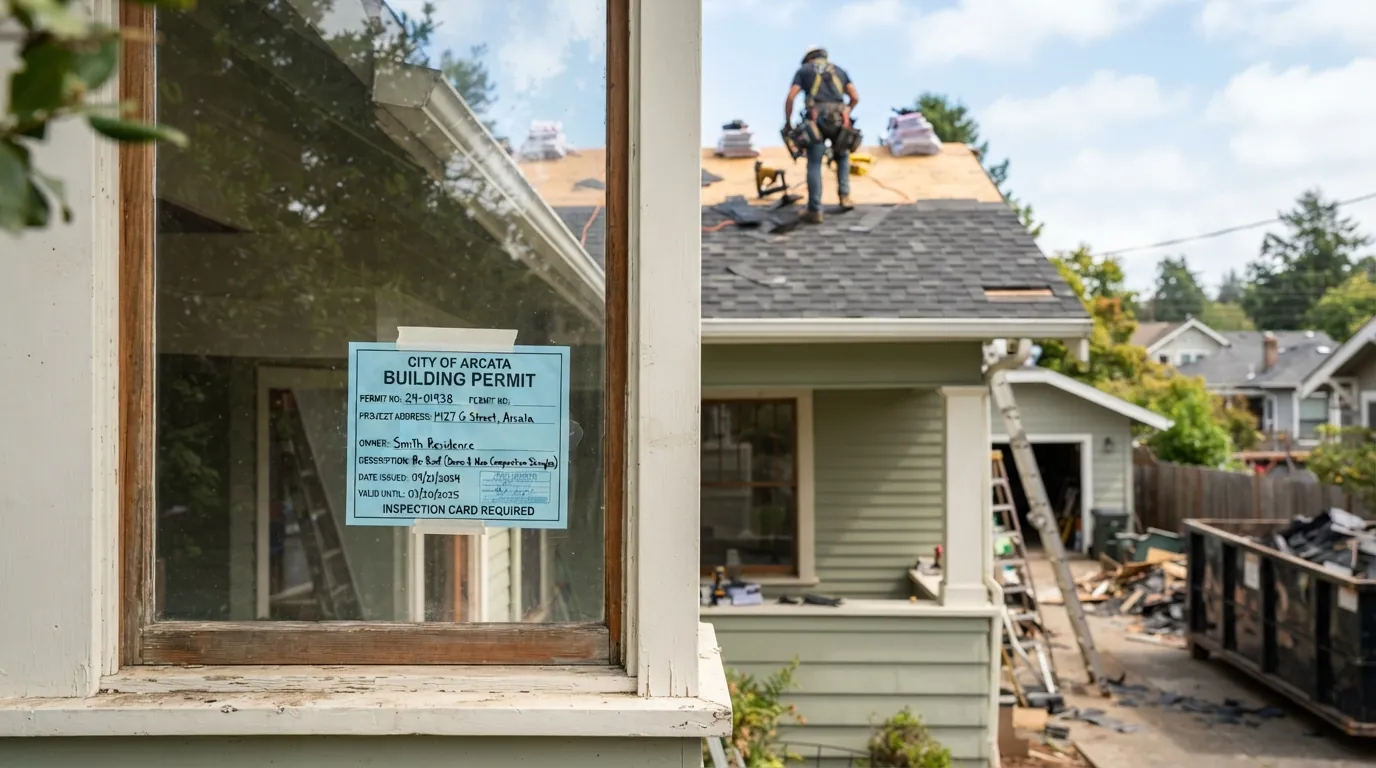 Roofing permit posted in a front window during a re-roof