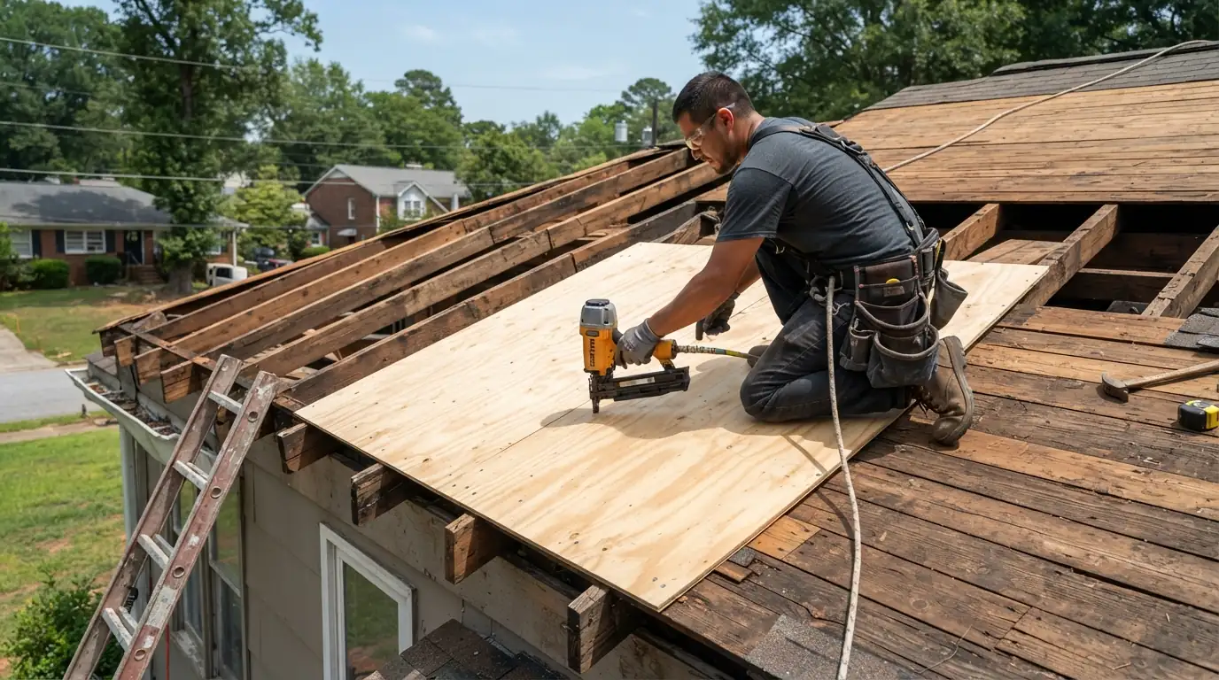 New plywood sheet being nailed where rotted decking was cut out