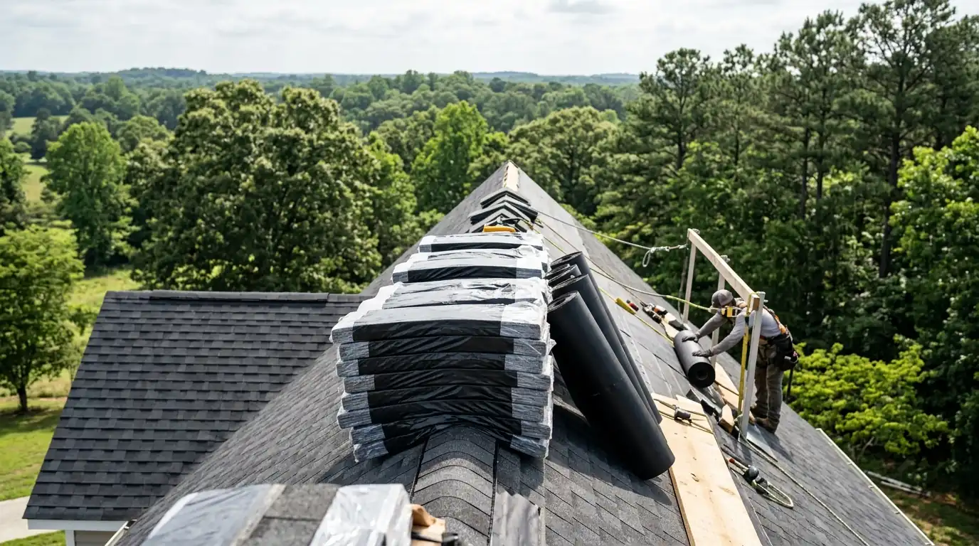 Shingle bundles and underlayment staged on a roof ridge