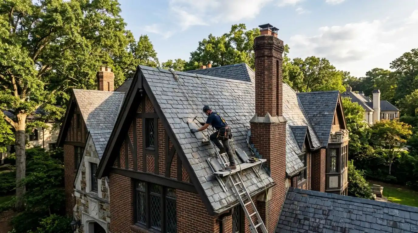 Roofer replacing broken slates on a large Buckhead home