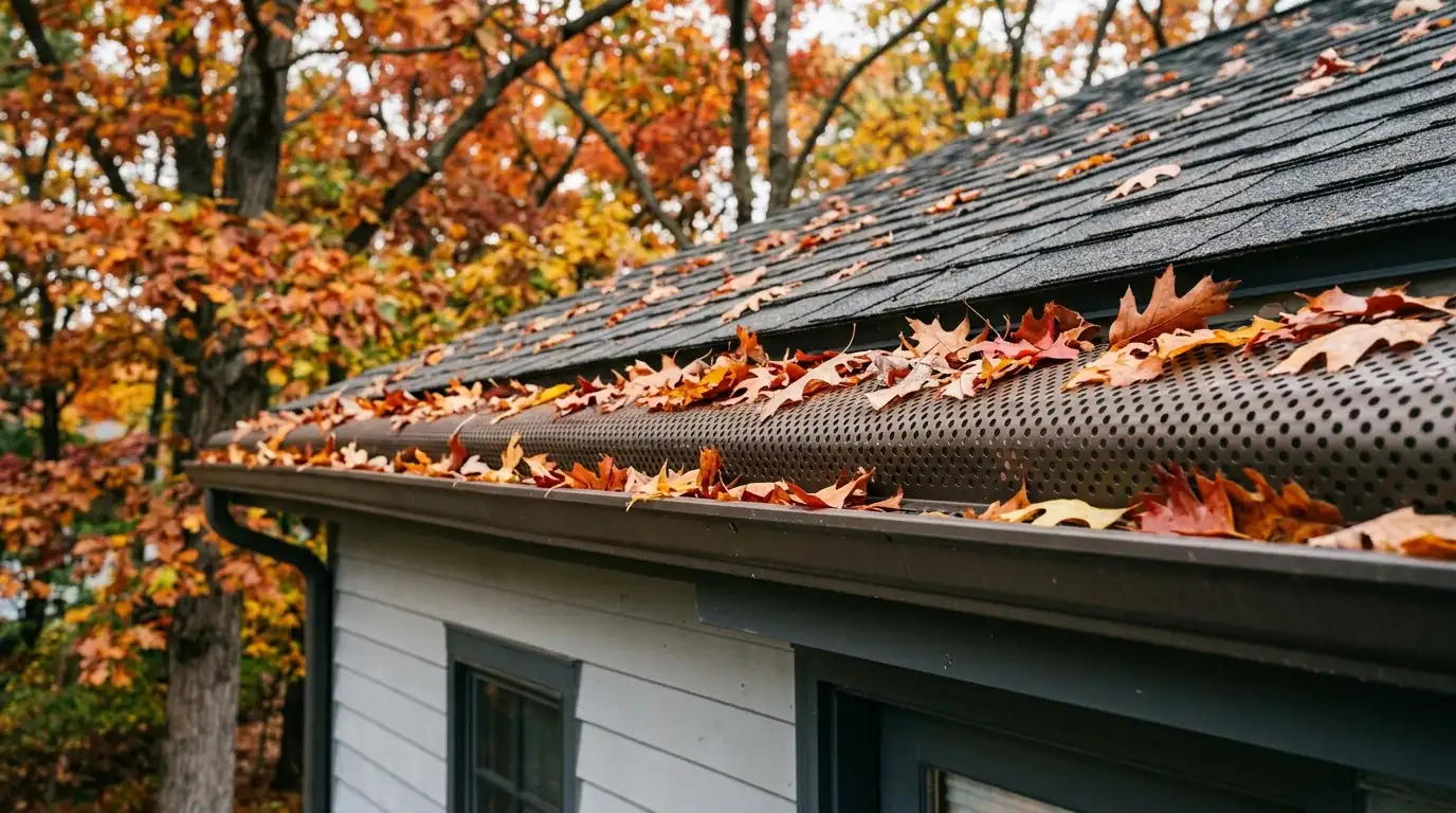Perforated aluminum gutter cover on a house among oak trees