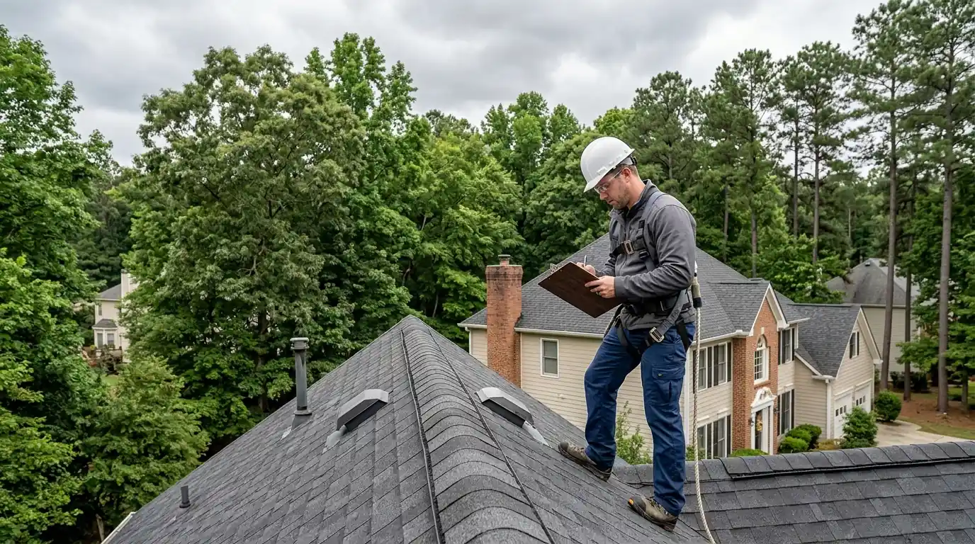 Roofer inspecting a suburban roof in Conyers