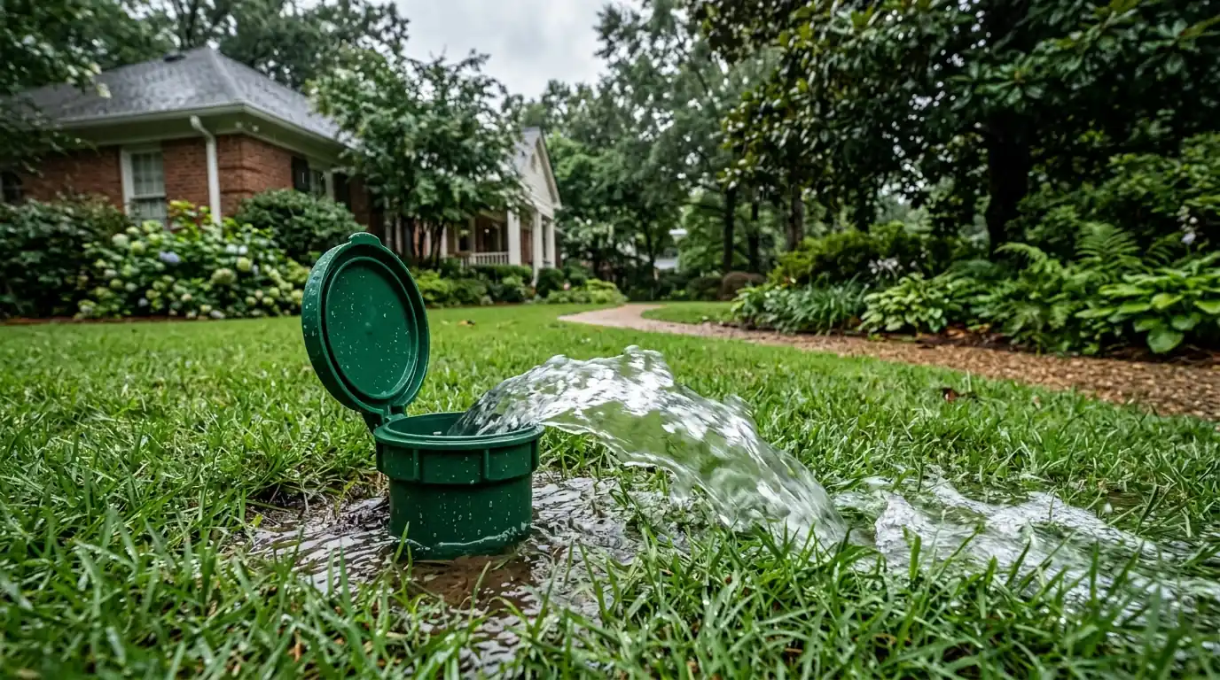 Pop-up drainage emitter releasing water in a lawn