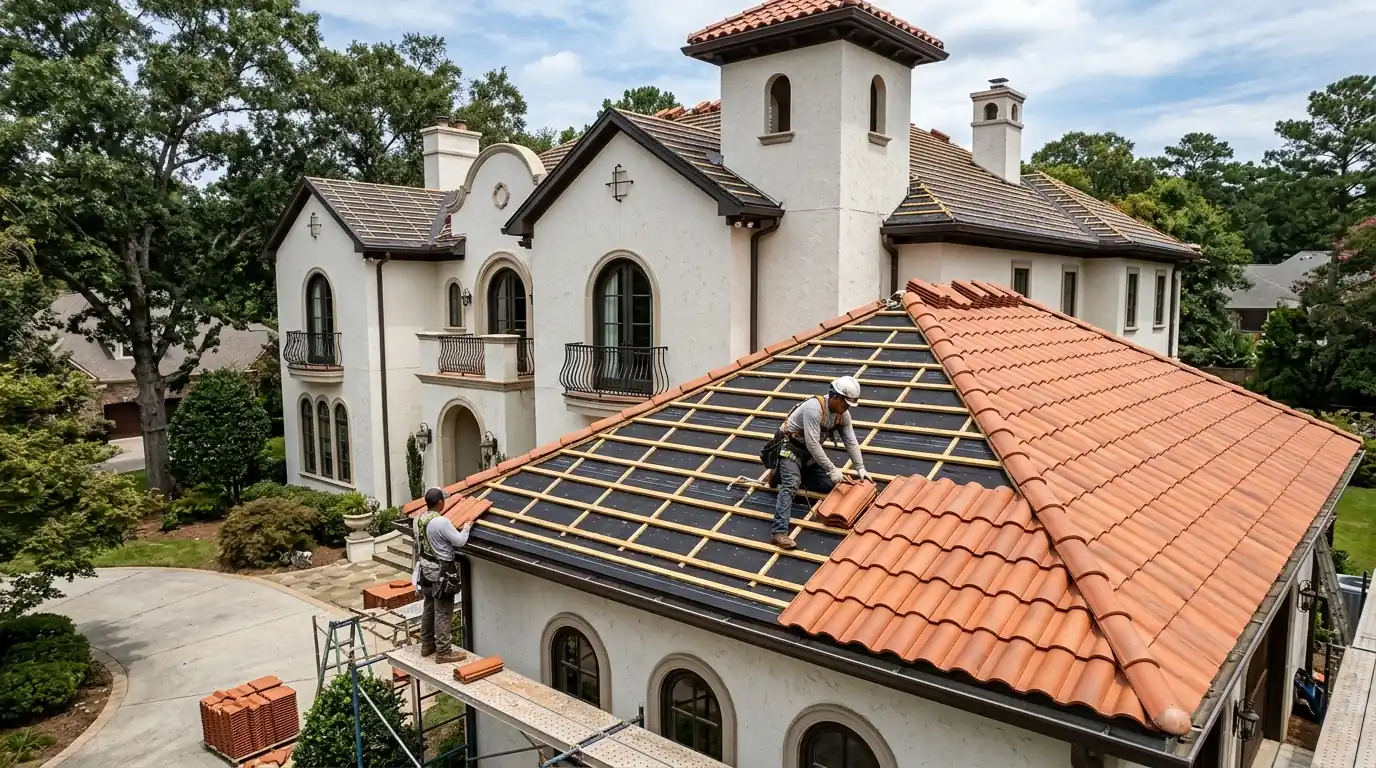 New clay tile roof being laid on a revival style house