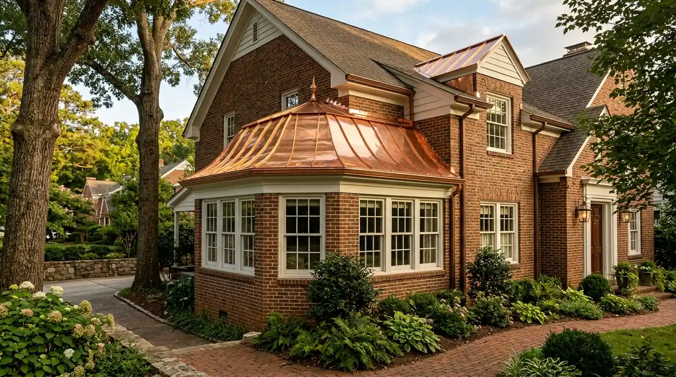 Standing seam copper roof on a curved bay window