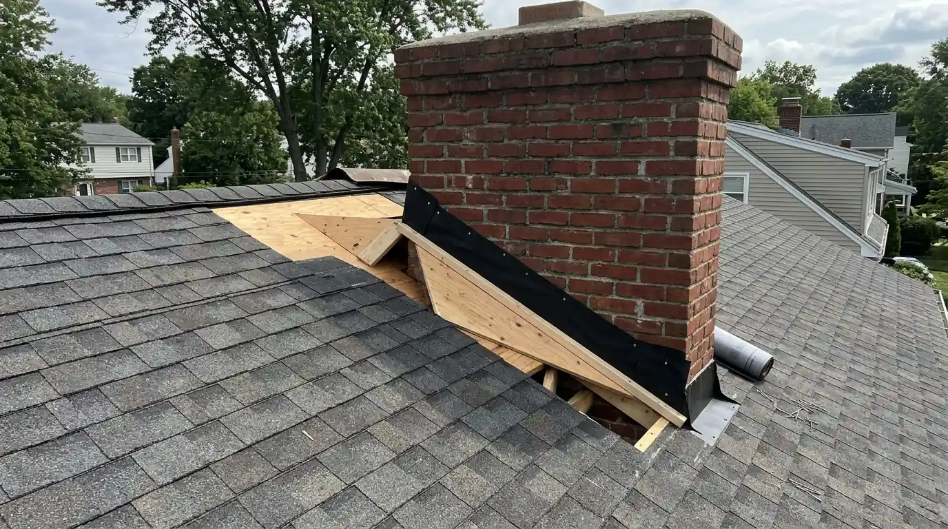 Framed cricket saddle behind a wide brick chimney on a shingle roof