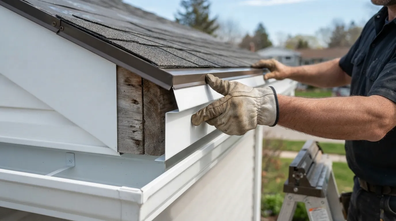 Fascia being wrapped in white aluminum coil under a drip edge