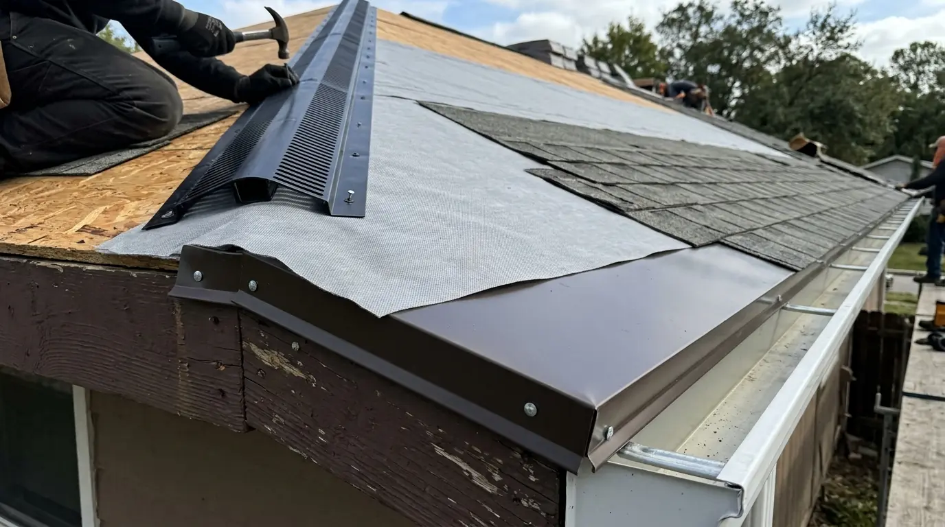 New drip edge, synthetic underlayment and ridge vent on a roof replacement