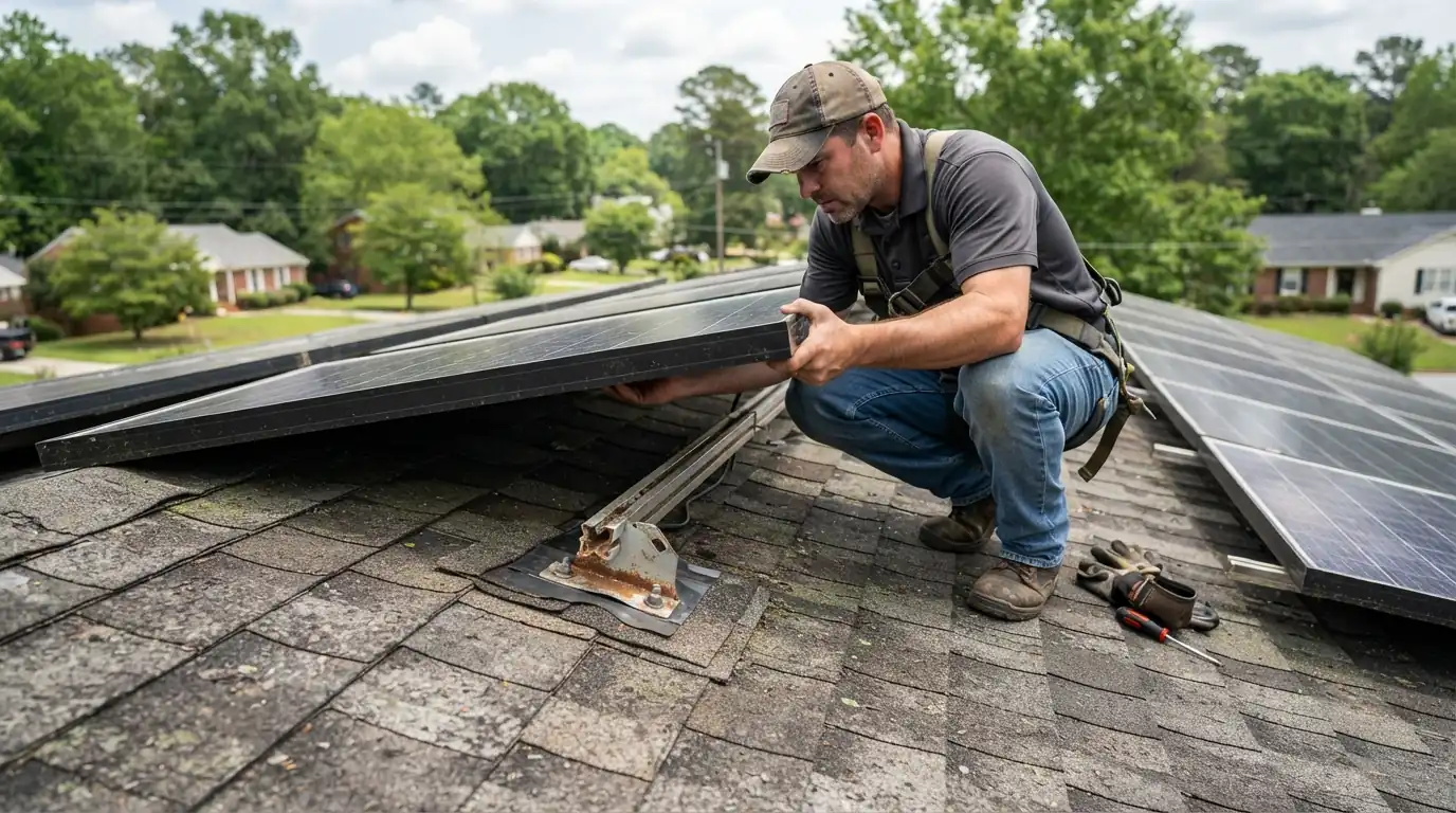 Solar panel lifted to inspect a leaking mount on an older roof