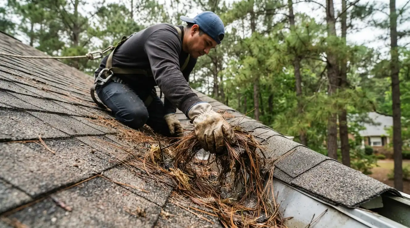 Pine straw being cleared from a roof valley under Georgia pines
