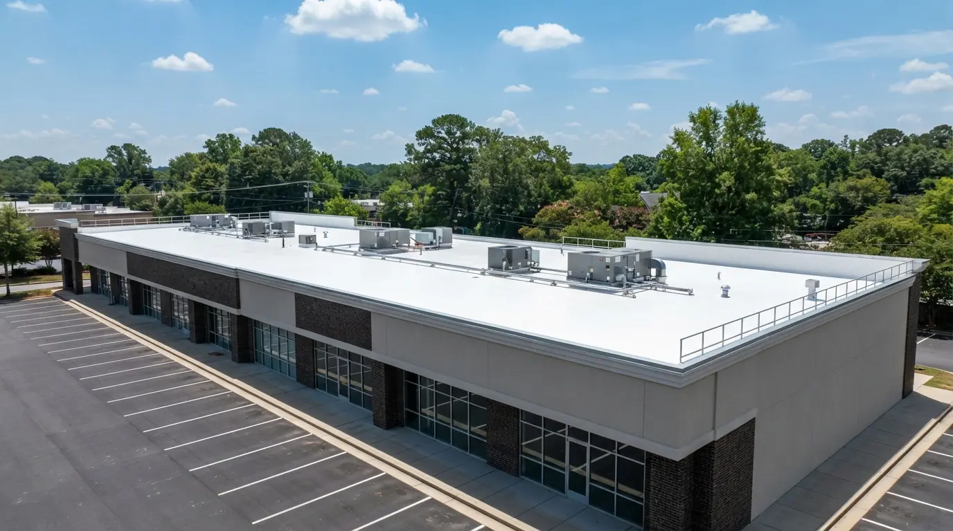 New white TPO membrane on a one story retail building in Atlanta