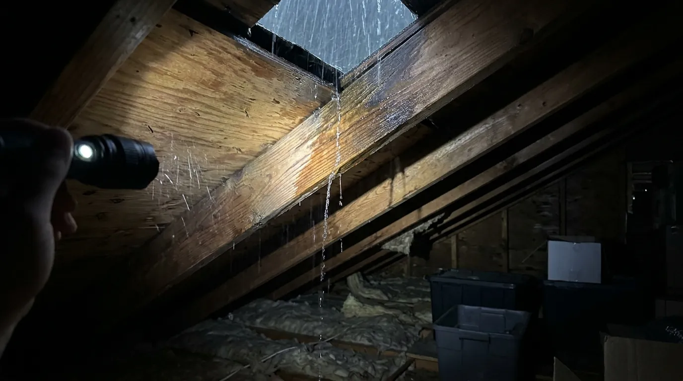 Water running along a rafter in a wet attic