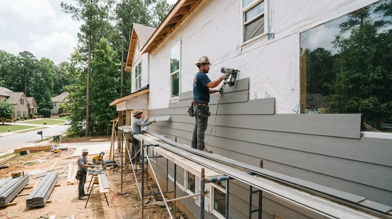 Fiber cement lap siding being installed over new house wrap