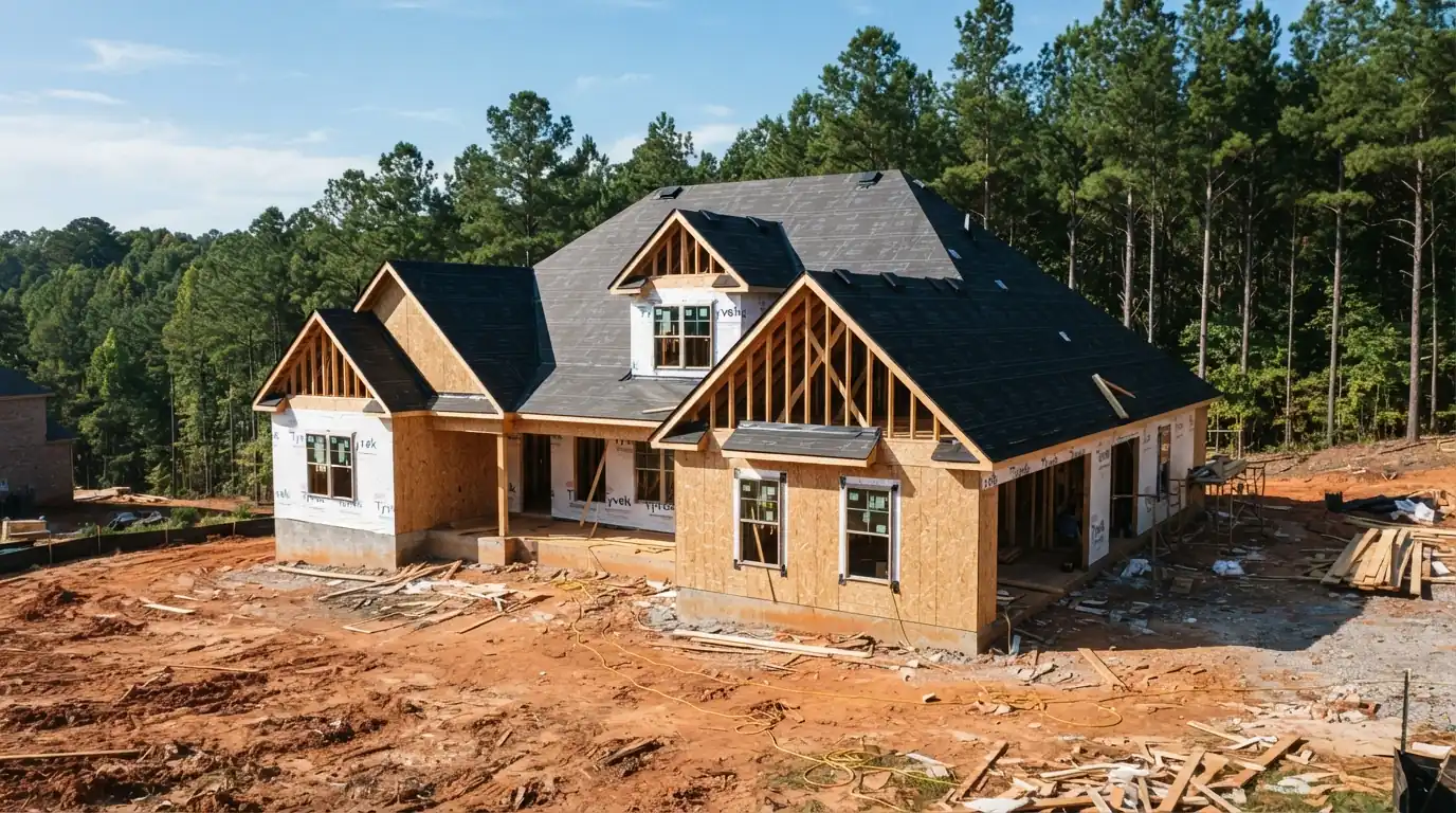 Synthetic underlayment dry-in on a new house in a Georgia subdivision