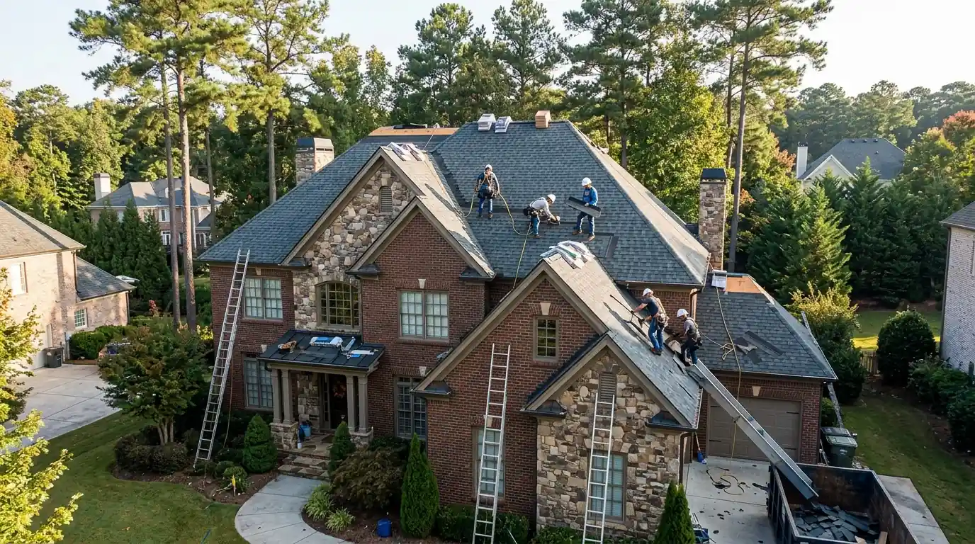 Crew replacing shingles on a large home in Johns Creek