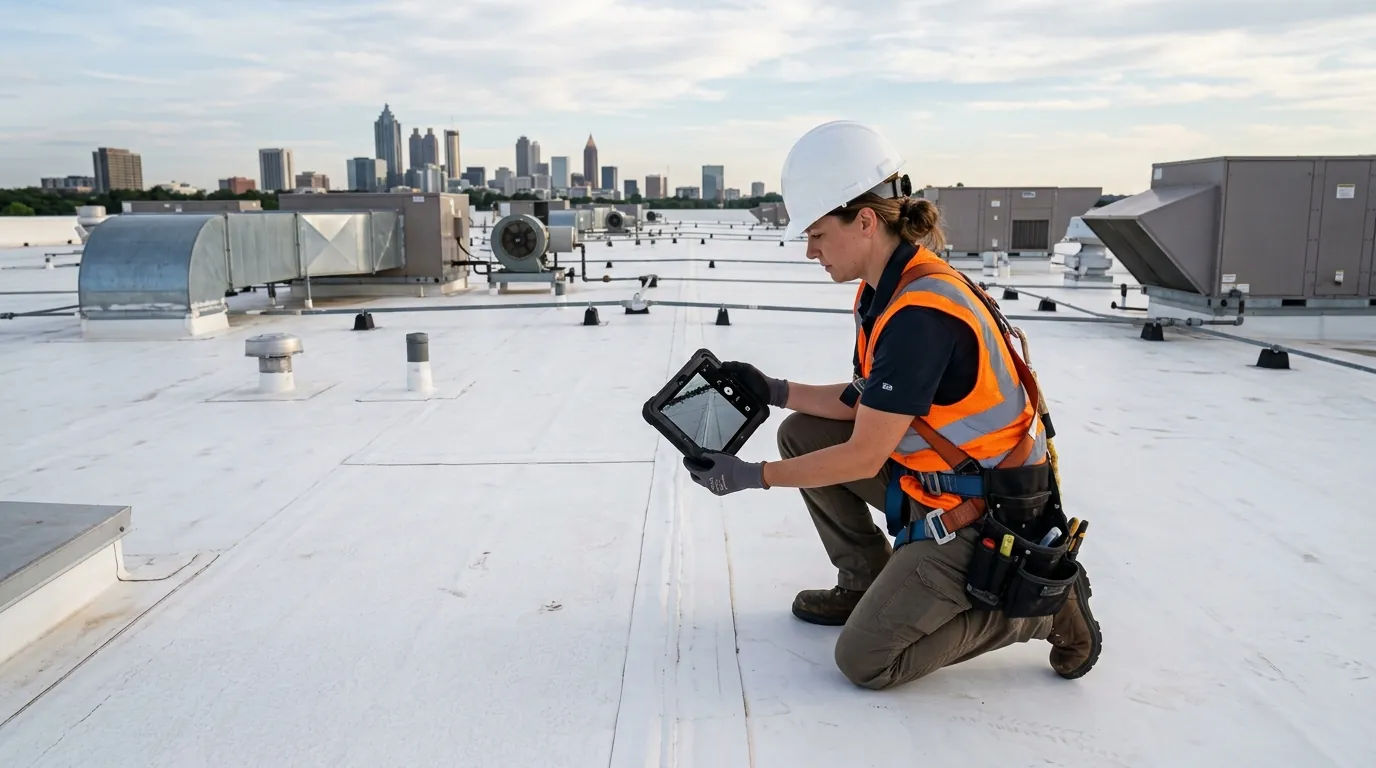 Inspector photographing a seam on a commercial TPO roof