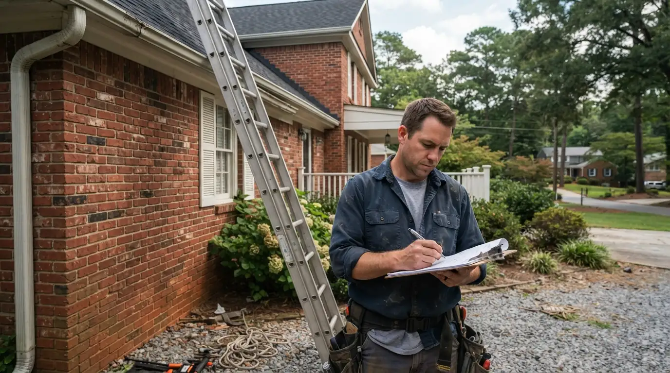 Roofer writing notes on a clipboard beside a ladder at an Atlanta home