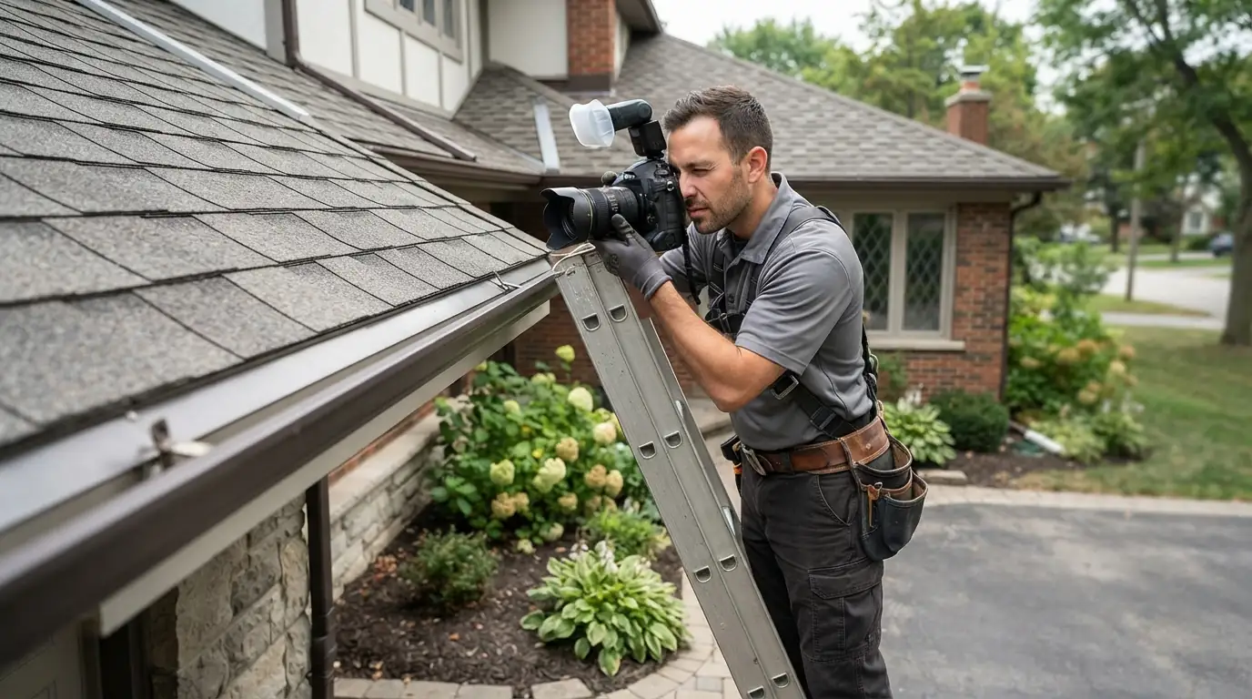 Roofer photographing a roof edge for a home buyer in suburban Atlanta