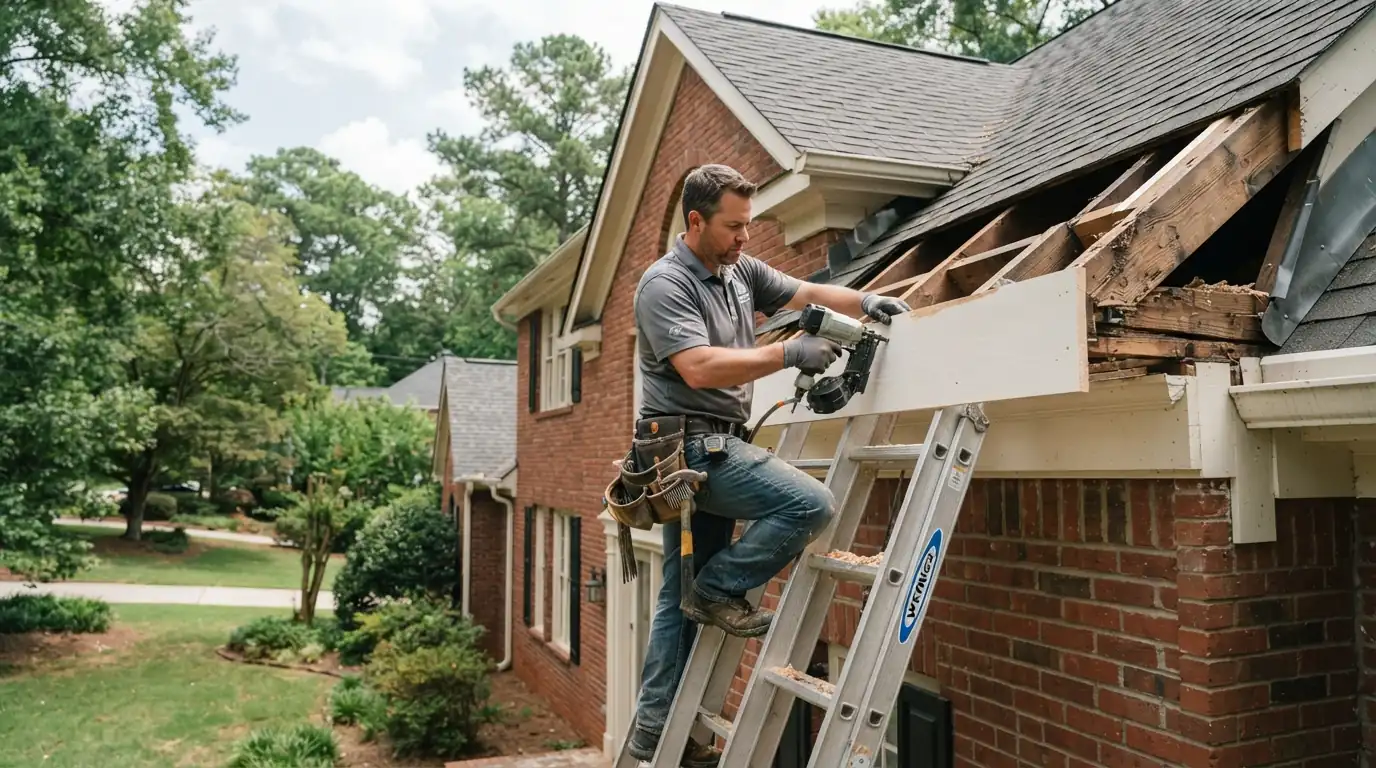 Rotted fascia board being replaced behind a removed gutter on an Atlanta home