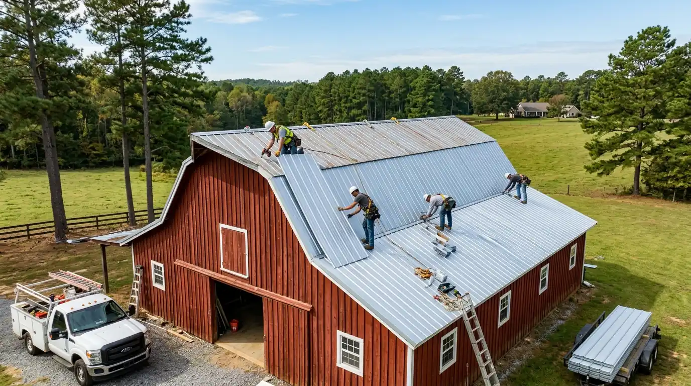 Crew installing metal roof panels on a red barn
