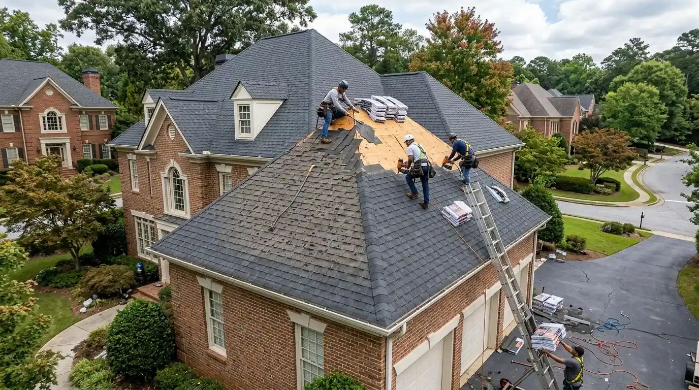 Crew replacing hail damaged shingles on a brick home roof in Atlanta