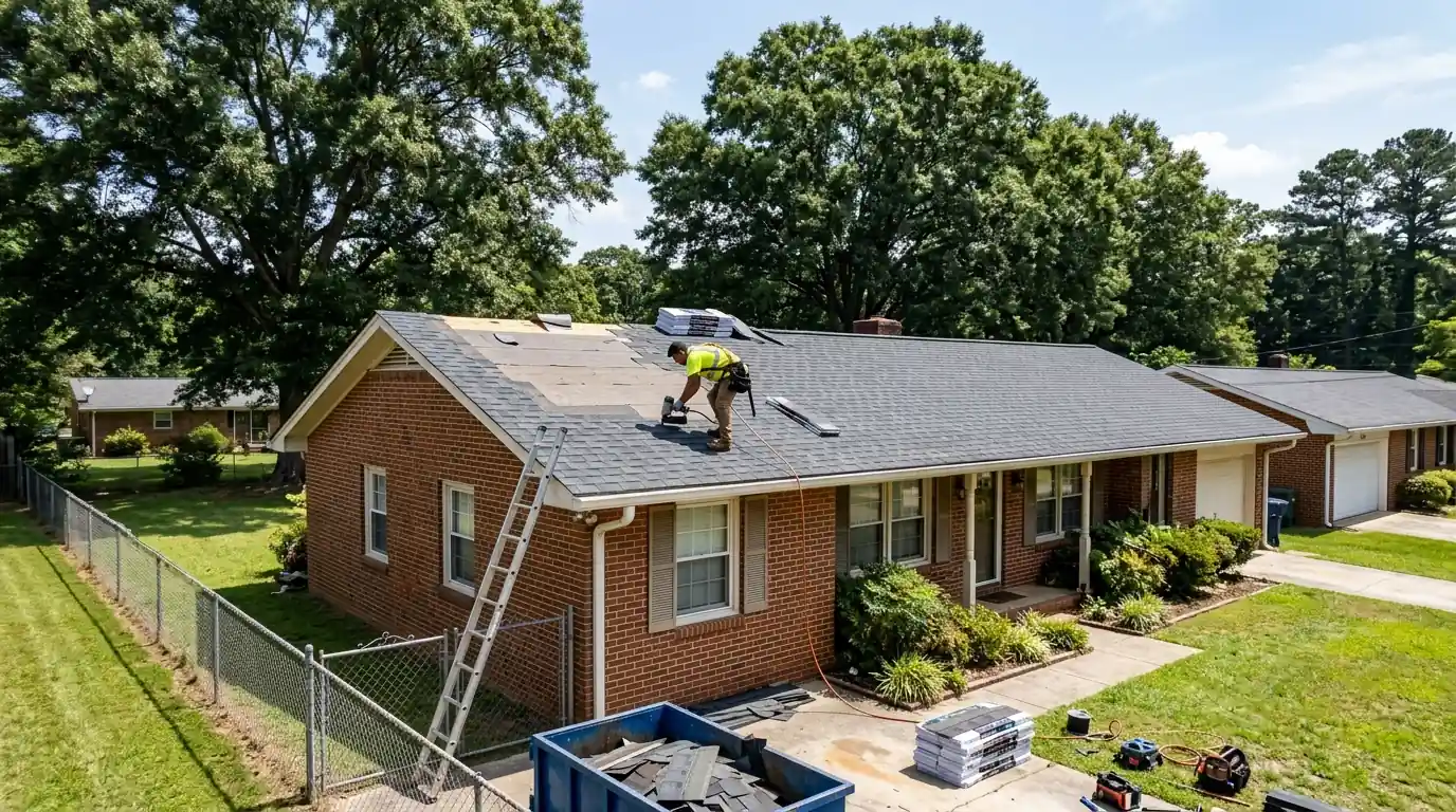 Roofer replacing shingles on a brick ranch in Clayton County