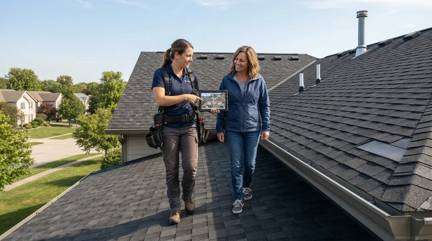 Roofer reviewing job photos with a homeowner