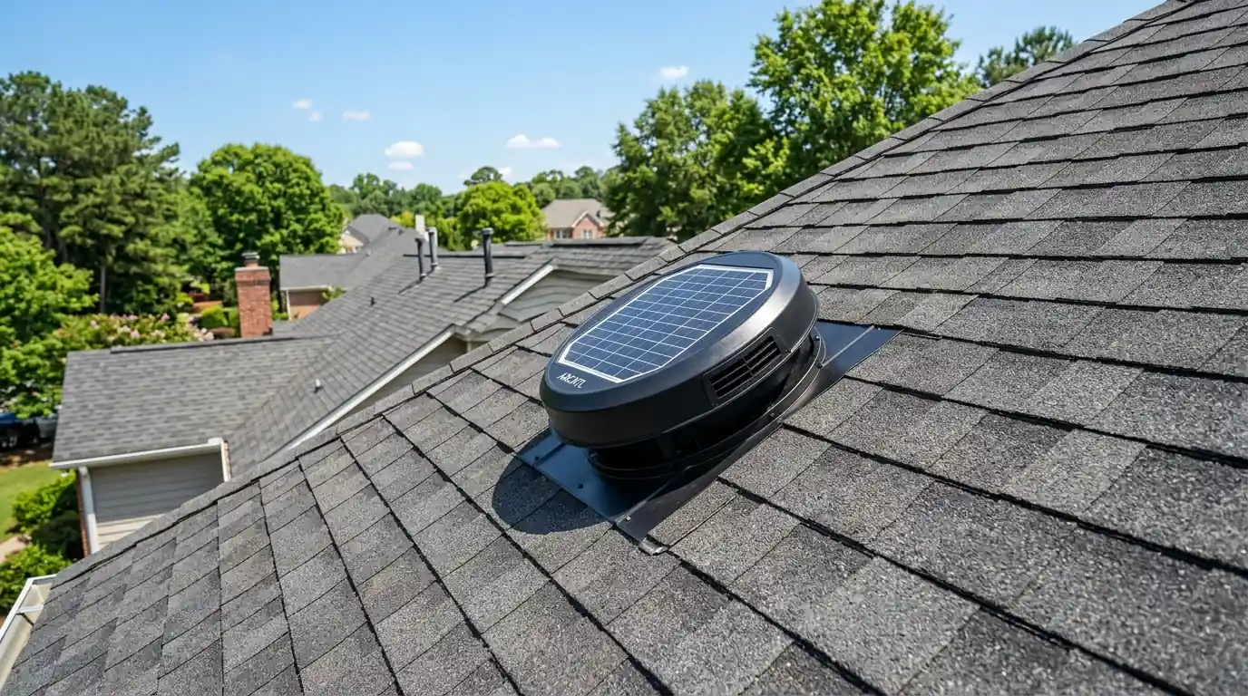 Solar attic fan on an asphalt shingle roof on a sunny Georgia day