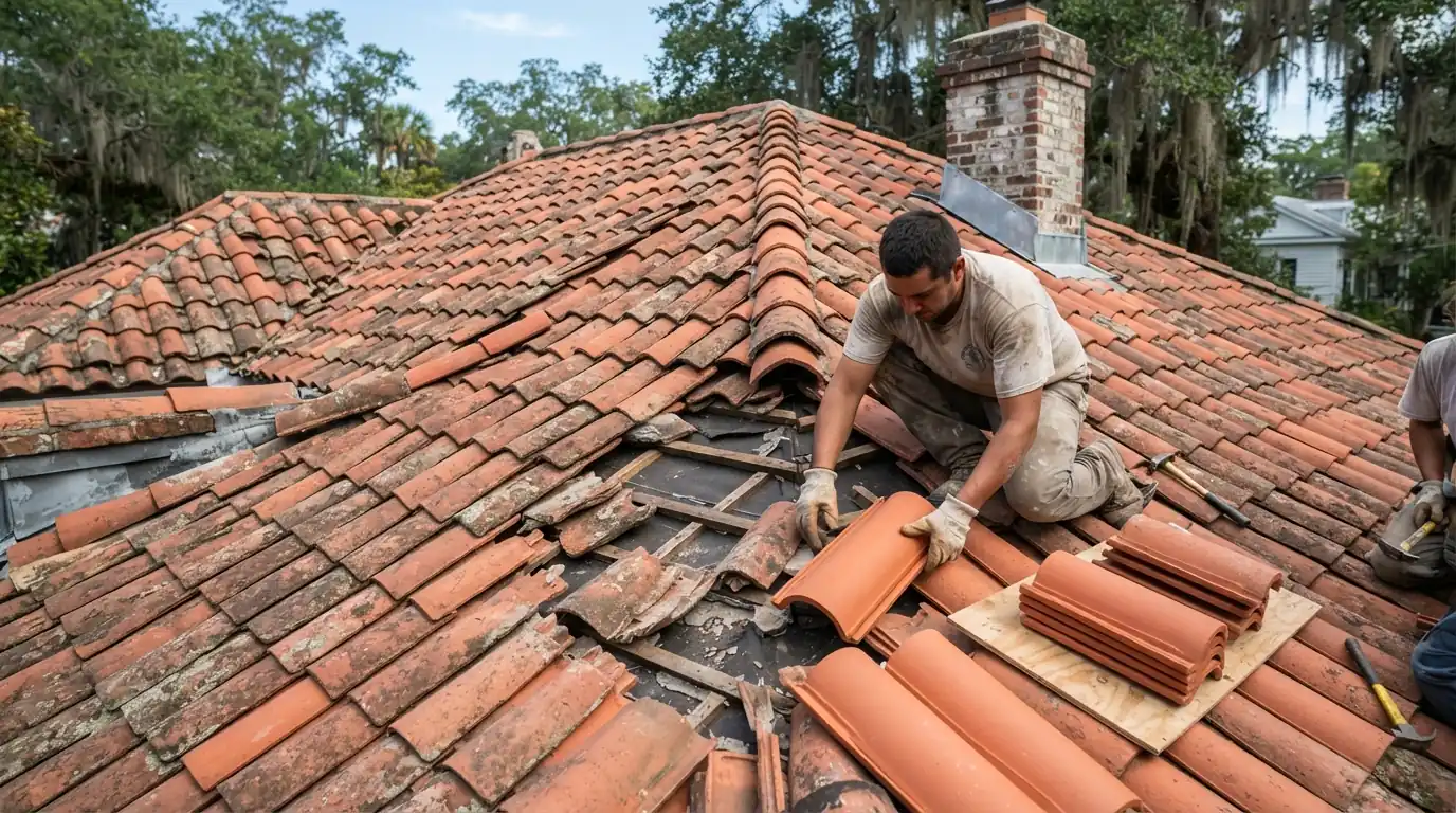 Cracked clay barrel tiles being replaced on a Georgia roof