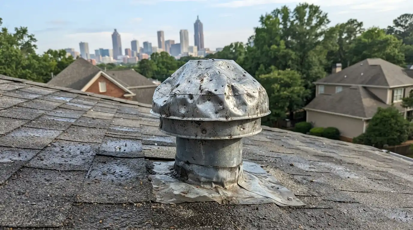 Hail-dented roof vent cap and pipe collar on an Atlanta home